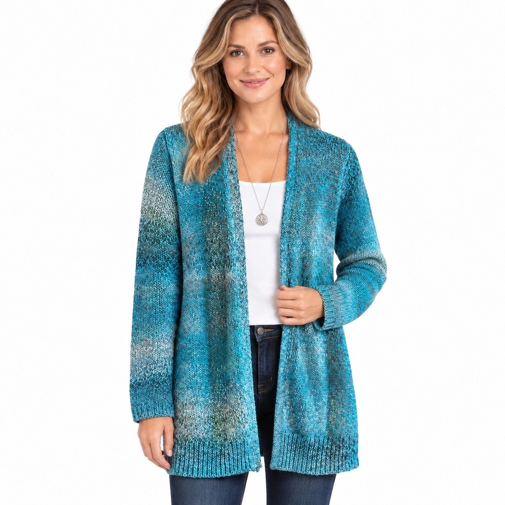 Natural Reflections Womens Medium Turquoise Multi Space Dye Open Front Cardigan